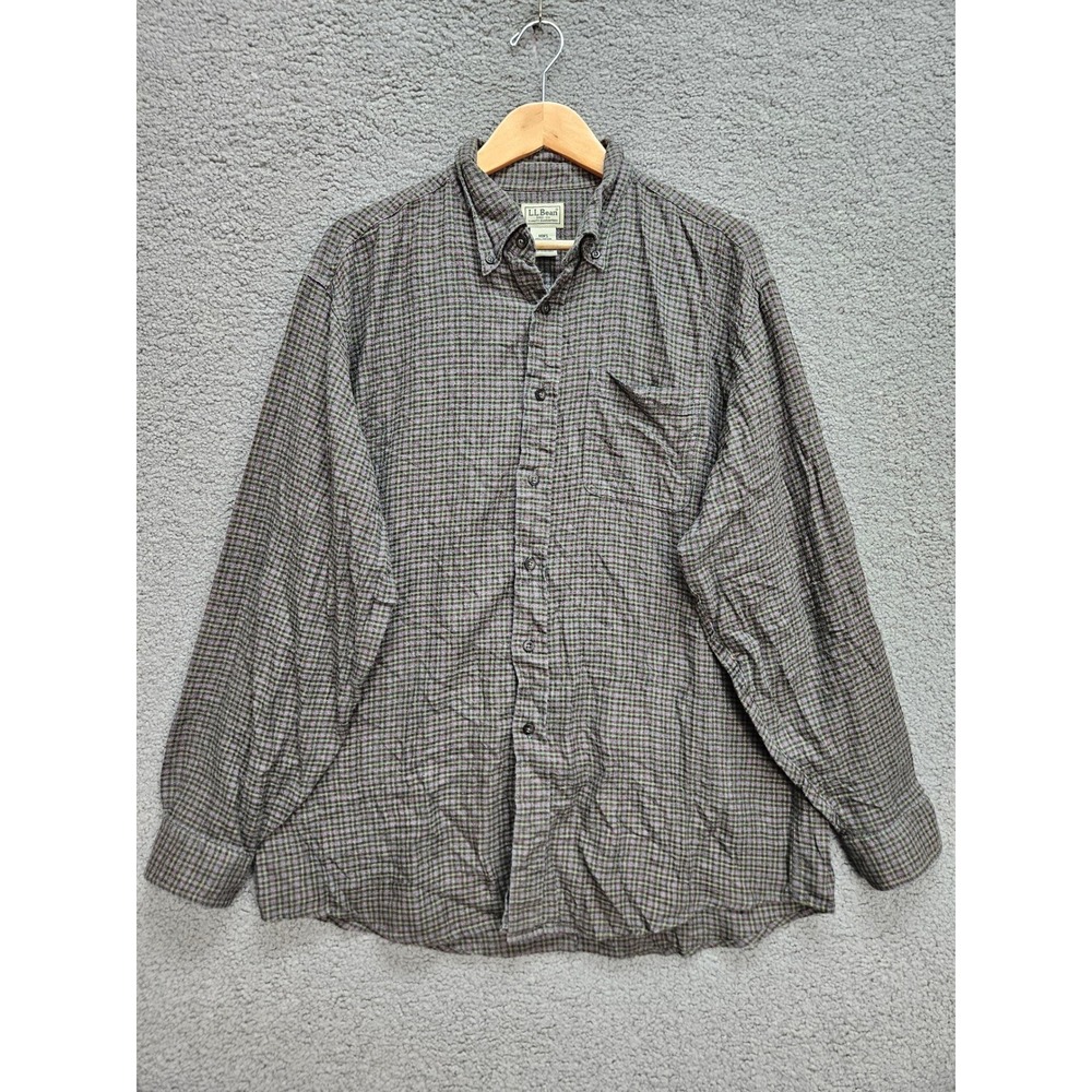 LL Bean Flannel Shirt L Gray Green Plaid Cotton Button Down Gorpcore Outdoors